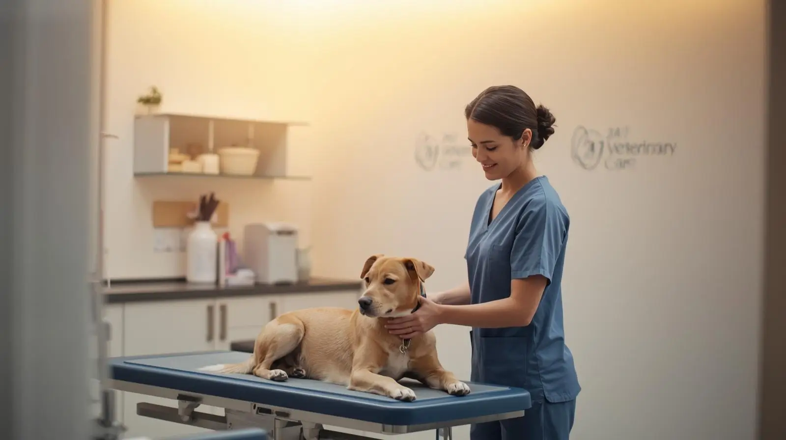 Happy dog being held by a veterinarian